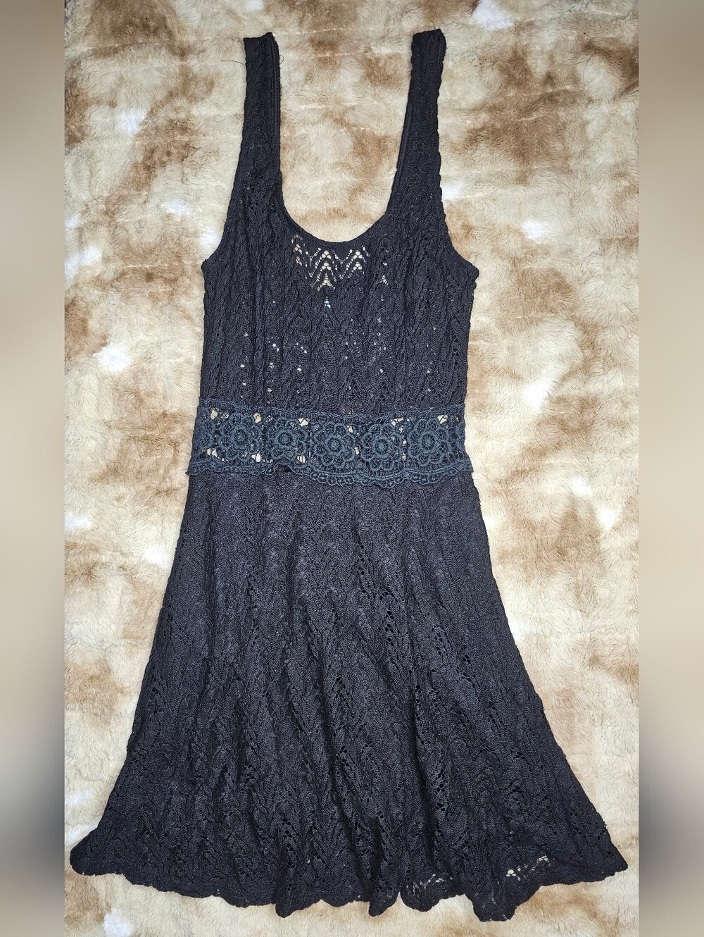 Black Crochet Lace Boho Skater Dress Women’s Sleeveless Festival Fairy Grunge